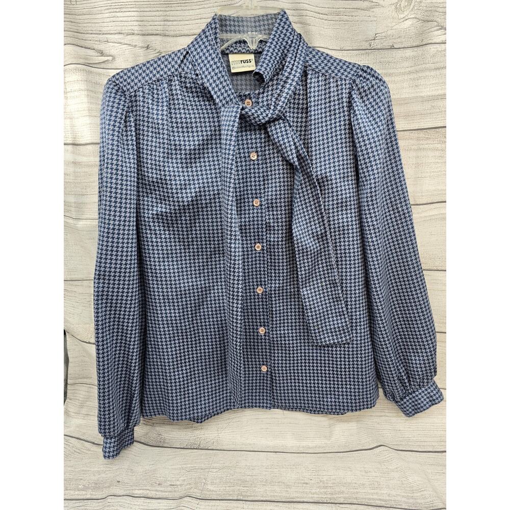 Vintage RRRRuss Secretary Blouse Sz 10 Blue Tie Neck Button Down Top 70's 80's